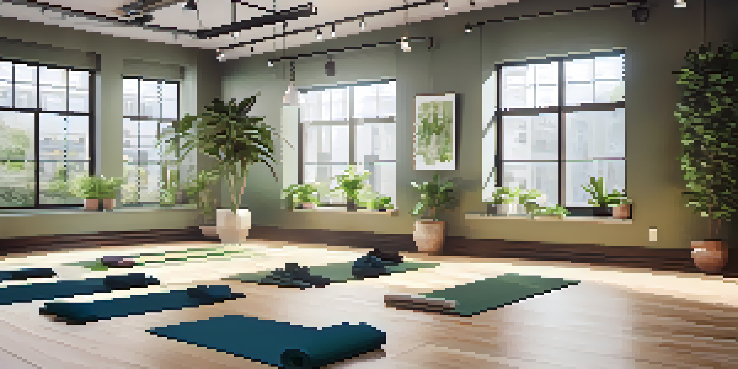 A bright office yoga space with employees practicing yoga poses, surrounded by plants and soft lighting.