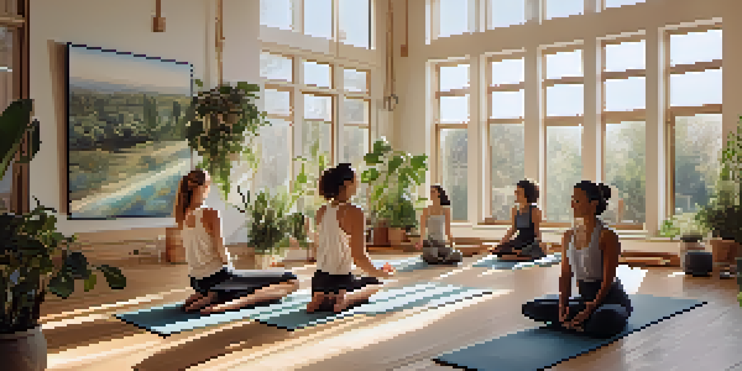 A yoga class in a bright studio with students practicing gentle poses under warm sunlight, surrounded by plants.
