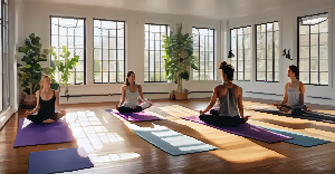 A peaceful yoga studio with natural light, showcasing diverse individuals practicing Vinyasa Yoga in flowing poses amidst a tranquil setting.