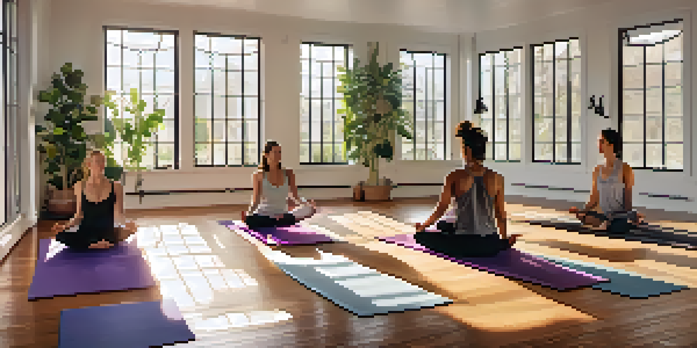 A peaceful yoga studio with natural light, showcasing diverse individuals practicing Vinyasa Yoga in flowing poses amidst a tranquil setting.