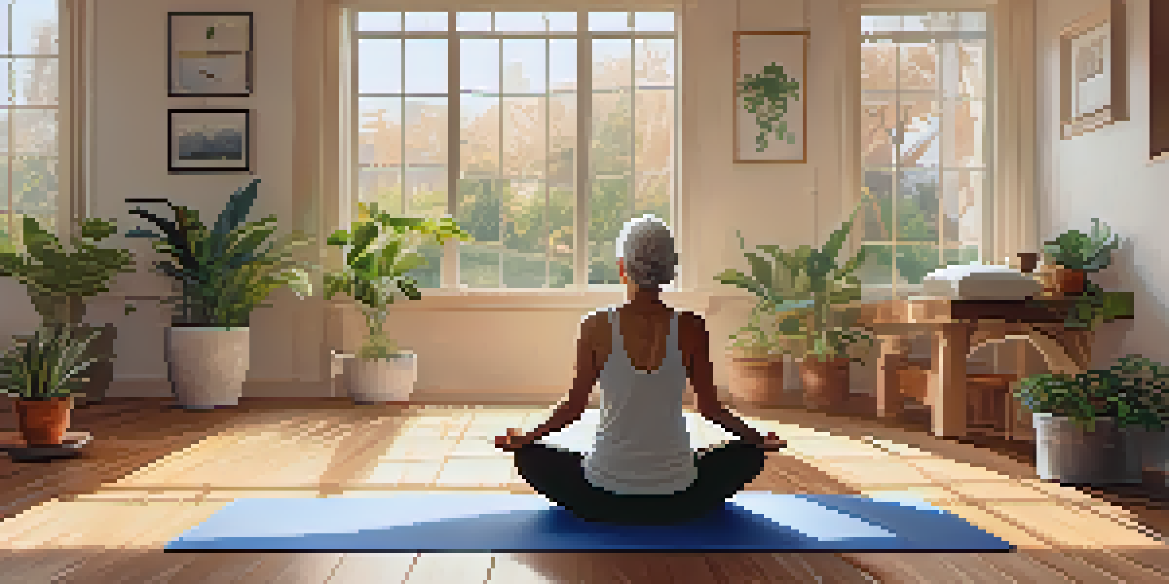 An elderly woman practicing Child's Pose in a cozy yoga studio with plants and warm lighting.