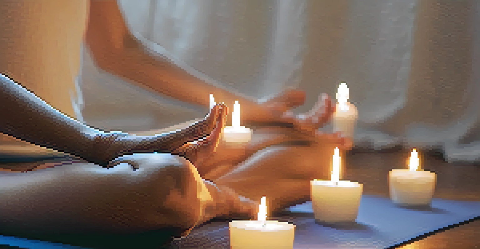 Close-up of hands in a meditation pose on a yoga mat with candlelight and an essential oil diffuser in the background.