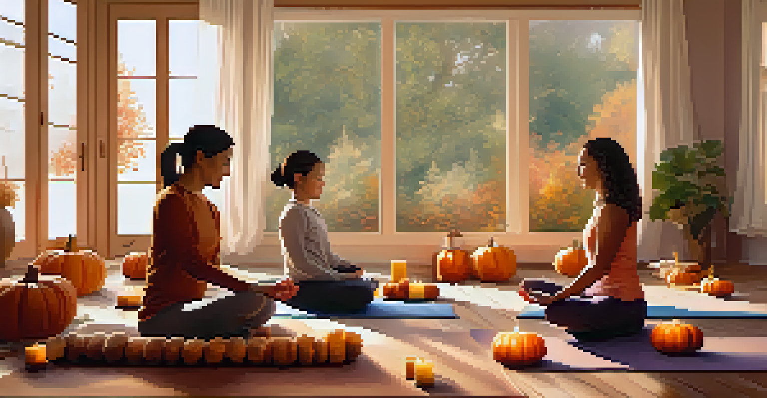 A family doing yoga indoors during autumn, surrounded by warm lights and fall decorations.