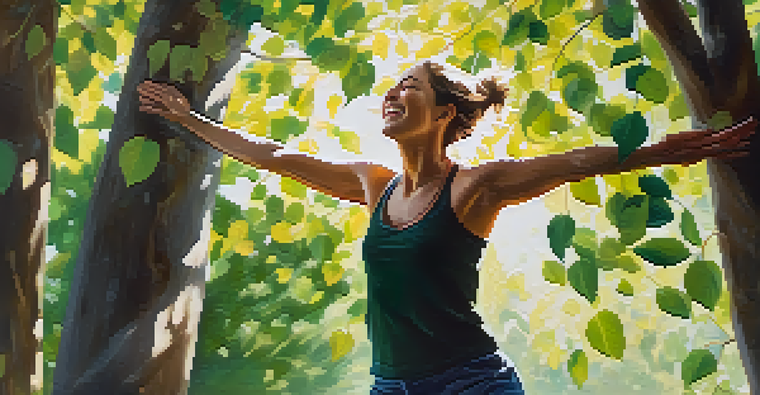 A person in Tree Pose outdoors, smiling and laughing with sunlight filtering through the trees.