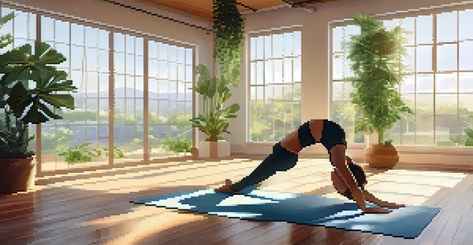 A woman practicing downward dog pose in a bright yoga studio filled with plants and natural light.