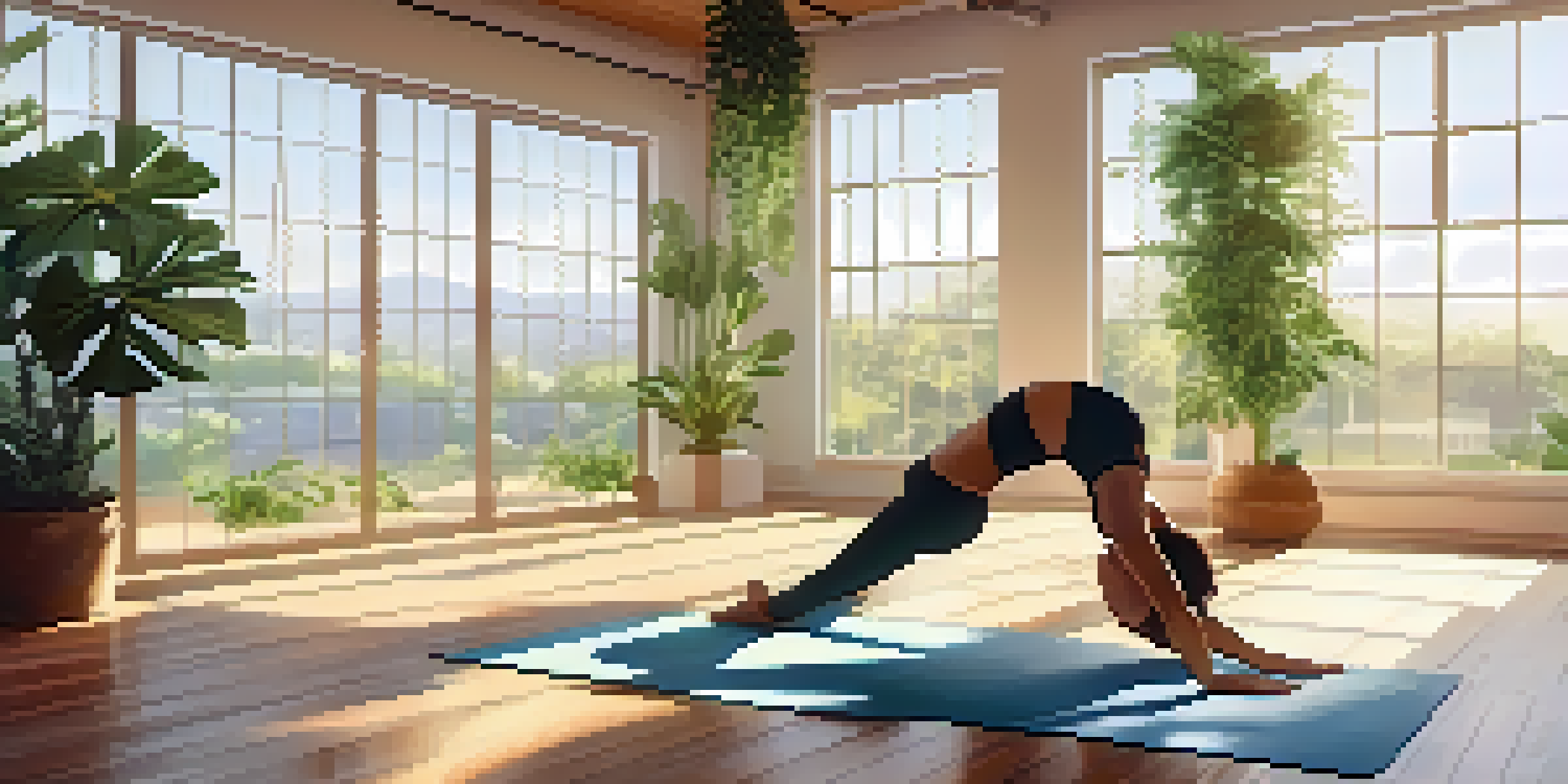 A woman practicing downward dog pose in a bright yoga studio filled with plants and natural light.