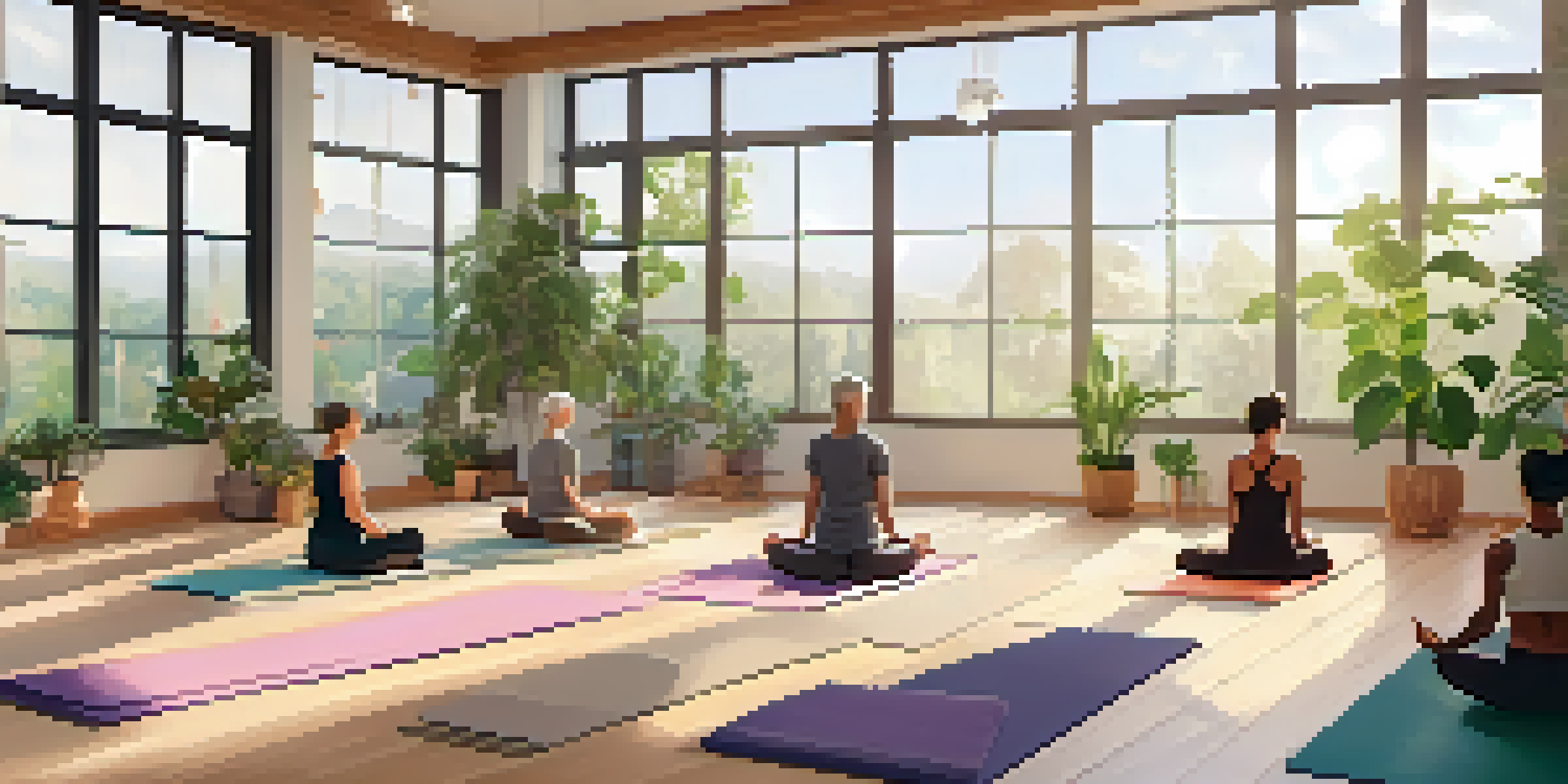 A yoga studio filled with senior individuals practicing various yoga poses, with natural light and plants creating a calming atmosphere.