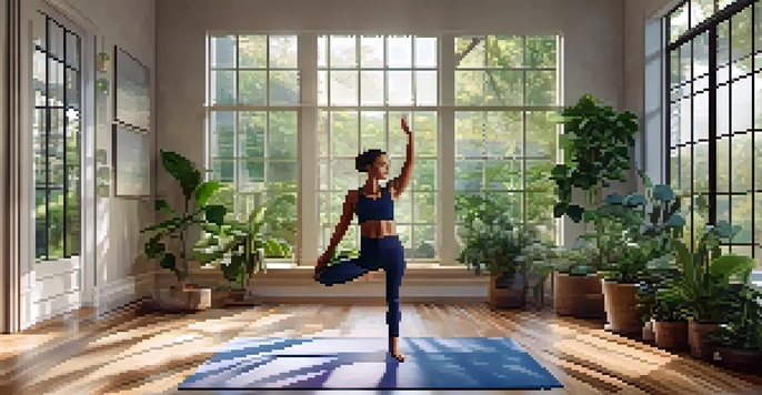 A person practicing Tree Pose in a bright yoga studio filled with plants and natural light.