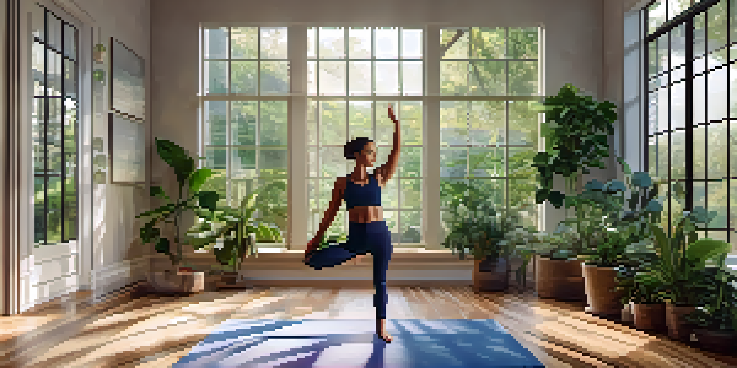 A person practicing Tree Pose in a bright yoga studio filled with plants and natural light.