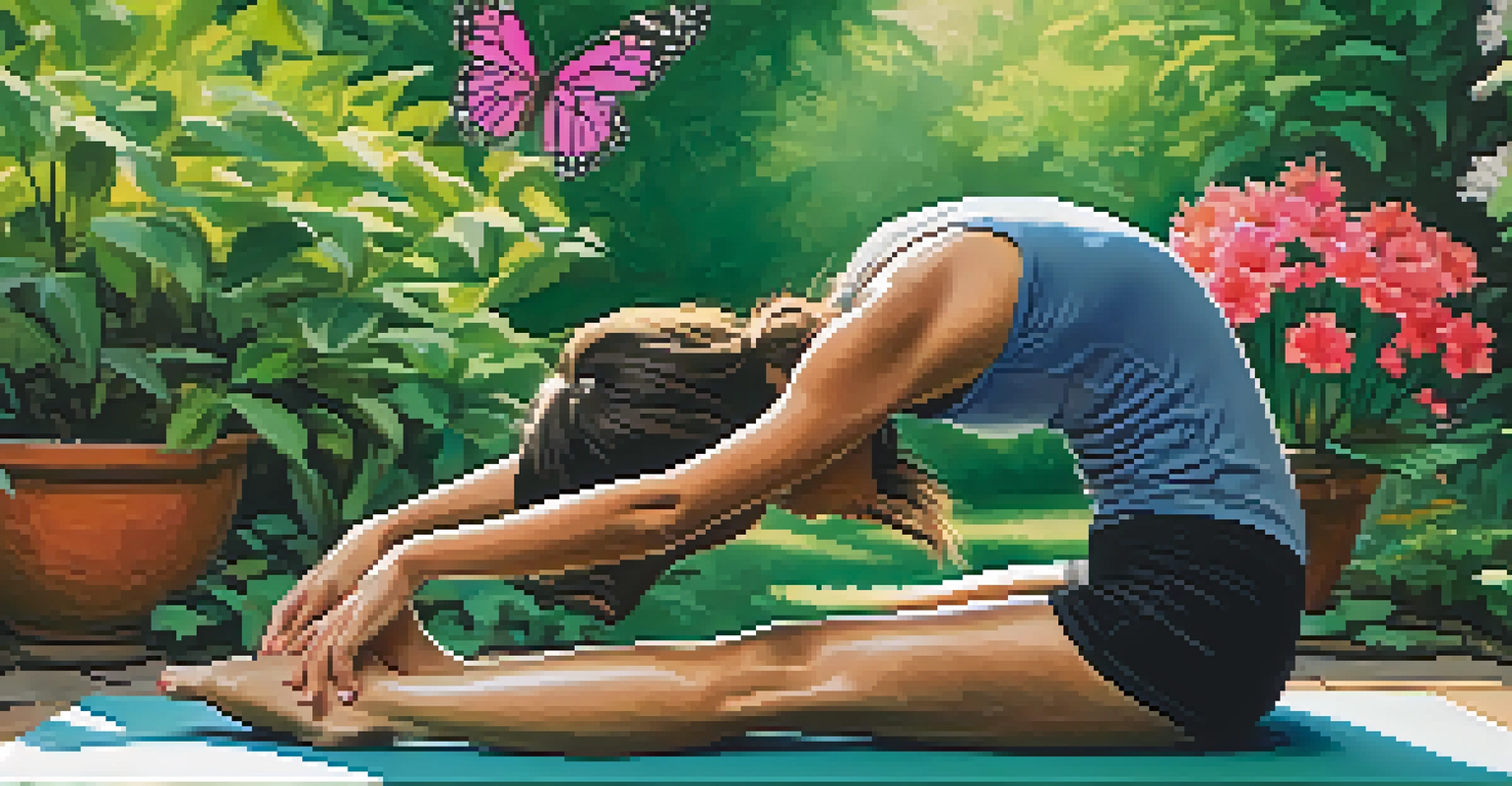 A person practicing the Butterfly yoga pose in a beautiful garden surrounded by flowers and greenery.
