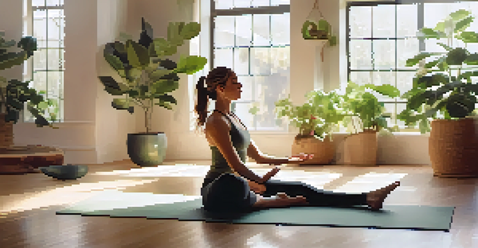 A person practicing breathwork in a peaceful yoga studio filled with natural light and indoor plants.
