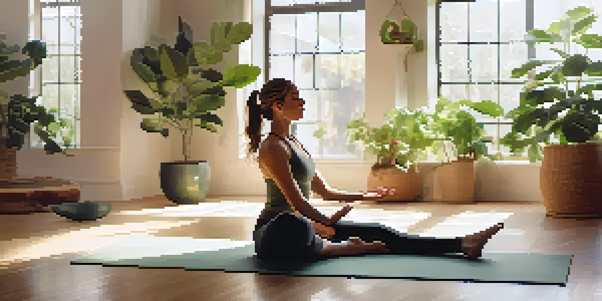 A person practicing breathwork in a peaceful yoga studio filled with natural light and indoor plants.