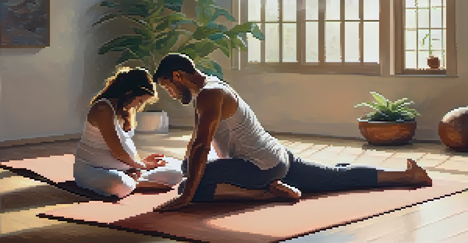 An expectant father and his pregnant partner practicing yoga together in a softly lit room filled with plants and cushions.