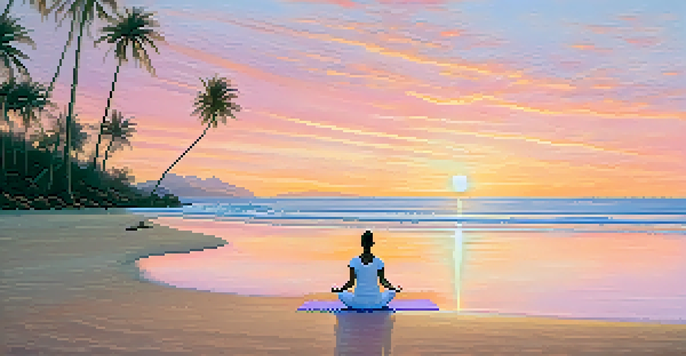 A person practicing yoga in a meditative pose on the beach at sunrise, with colorful skies and calm waters.