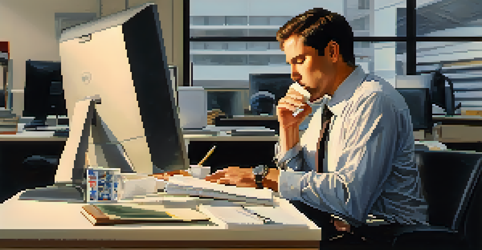 An office worker practicing box breathing at their desk, looking calm and relaxed in a busy office setting.