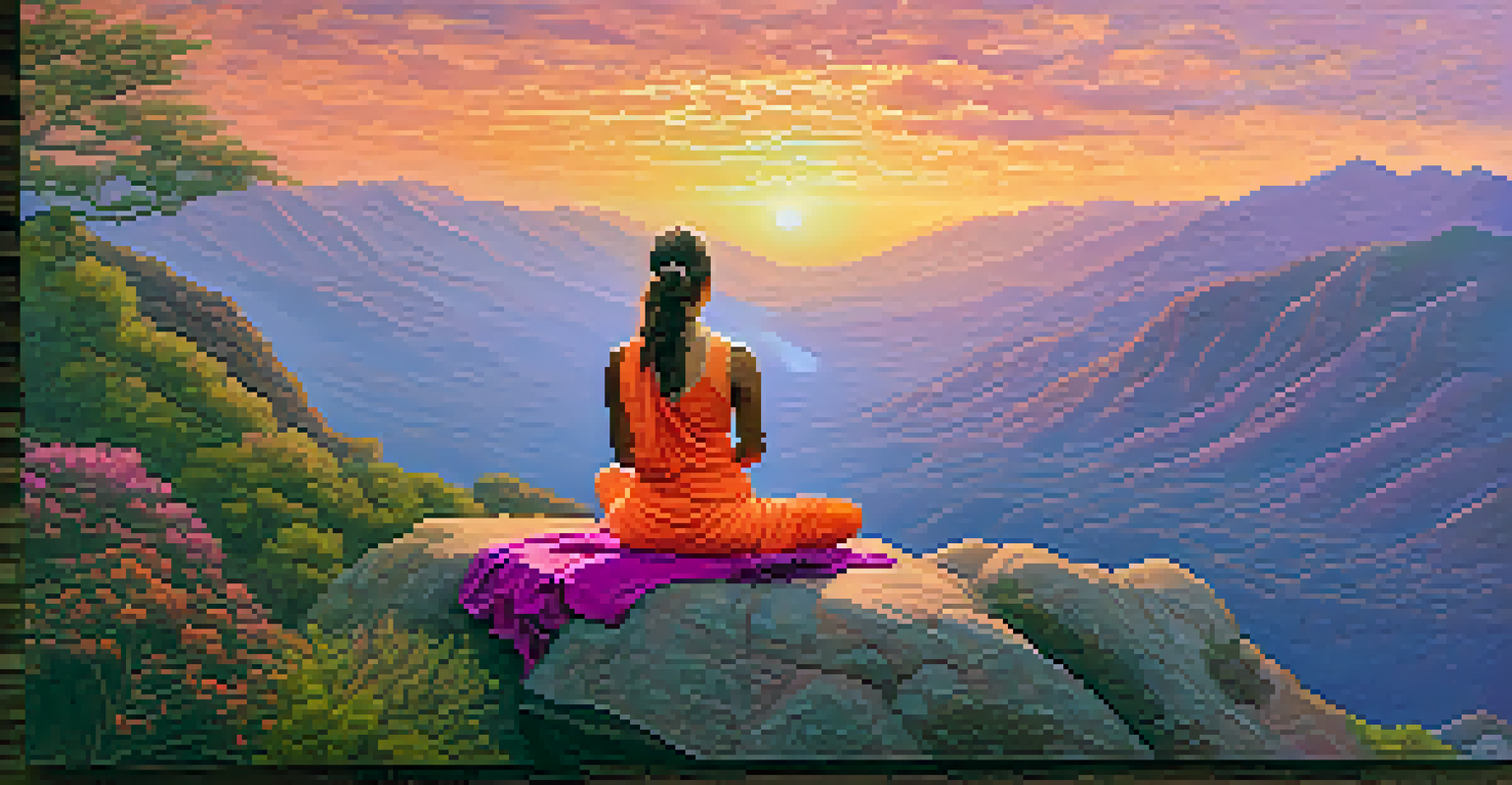 A woman practicing yoga on a cliff at sunset, with a beautiful valley in the background.