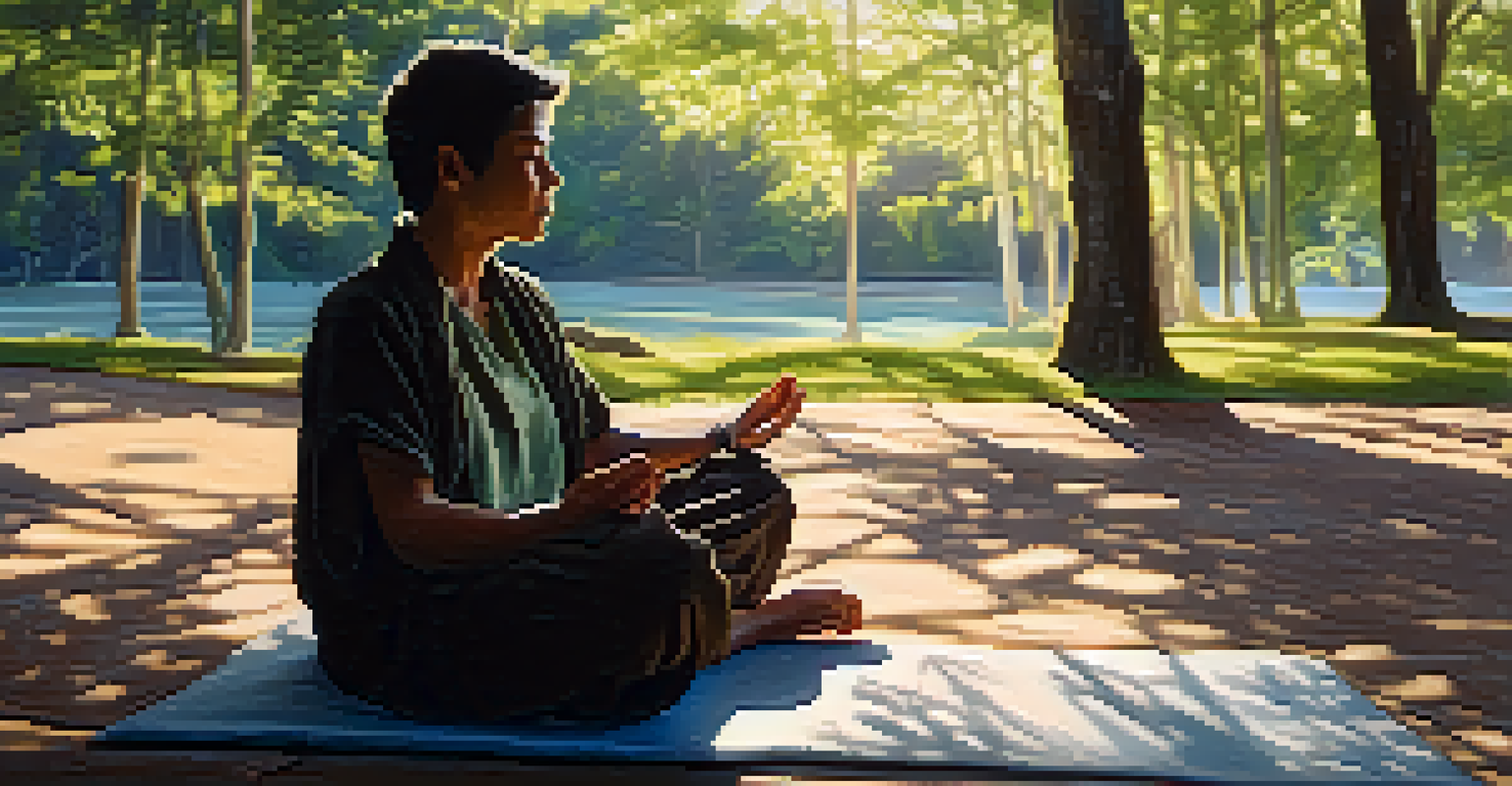 A person practicing mindful breathing in a peaceful outdoor setting, sitting cross-legged on a mat with a serene expression.