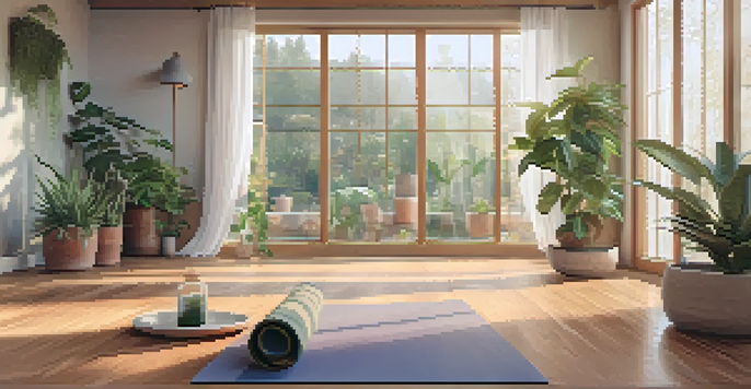 A peaceful yoga studio with a yoga mat, plants, and a glass of infused water in soft natural light.
