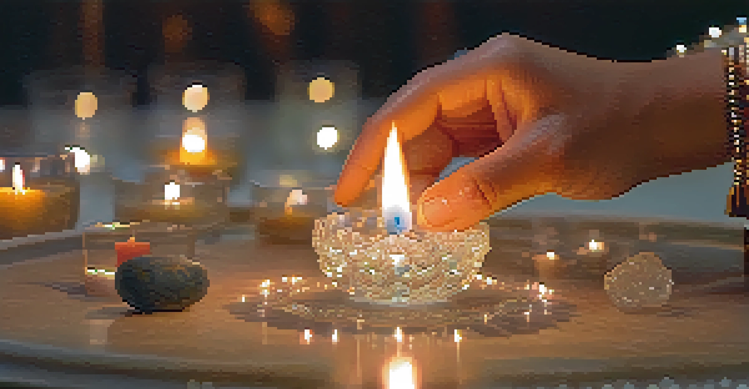 A close-up of a hand holding a crystal during meditation, surrounded by candles and incense in a calming environment.