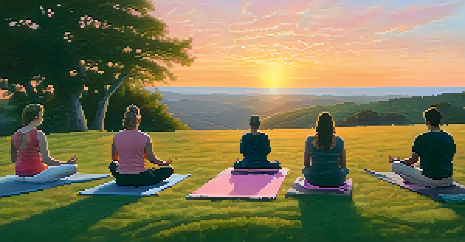 A group of people practicing yoga outdoors at sunrise on a grassy hill.