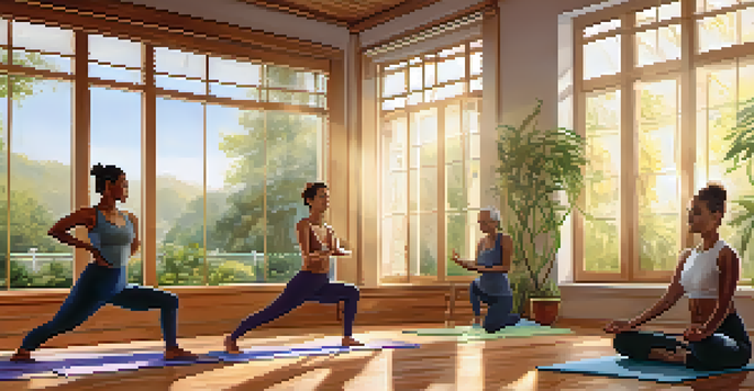 A group of people practicing yoga in a sunlit studio, performing Sun Salutations with a peaceful ambiance.