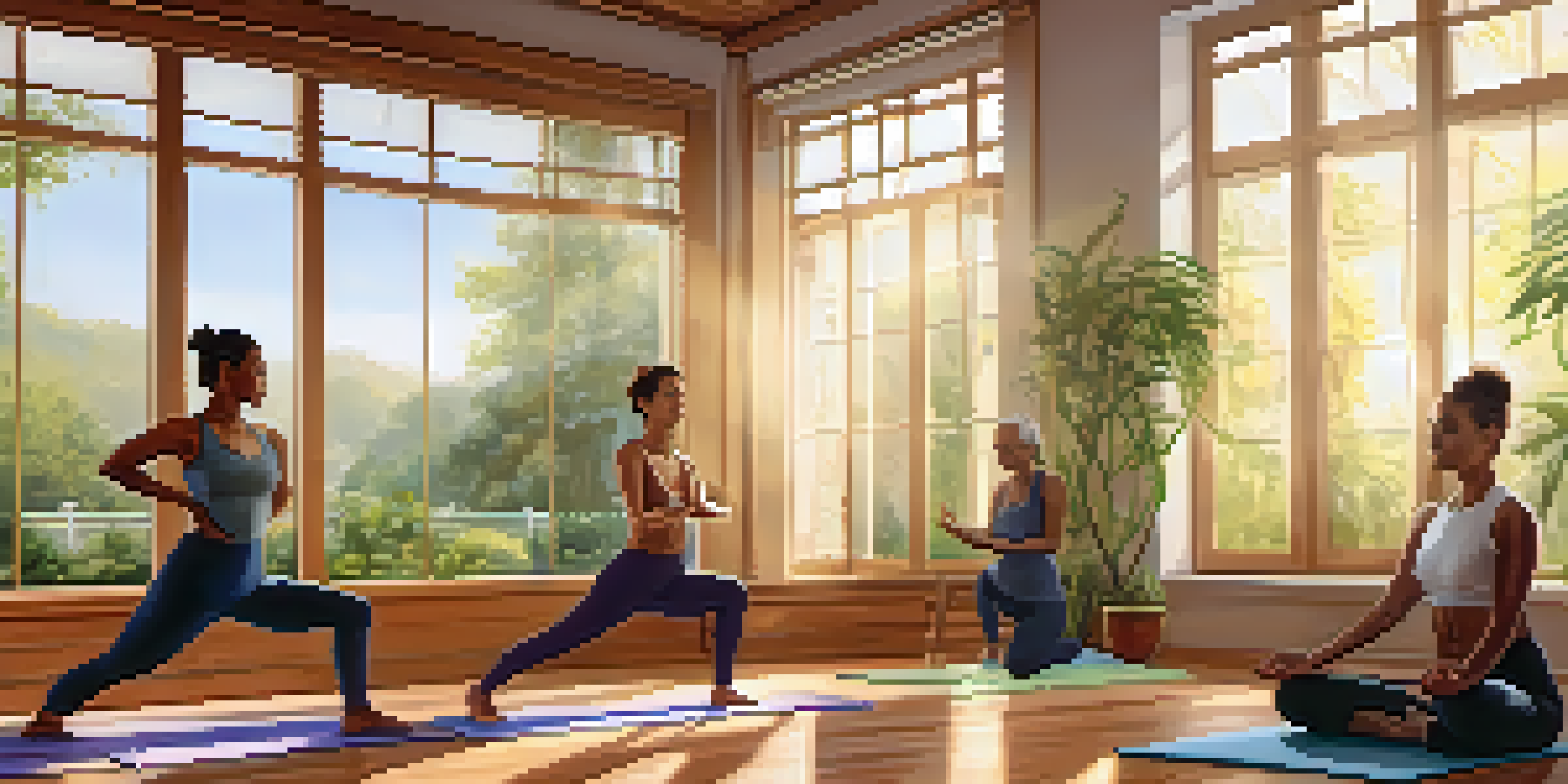 A group of people practicing yoga in a sunlit studio, performing Sun Salutations with a peaceful ambiance.