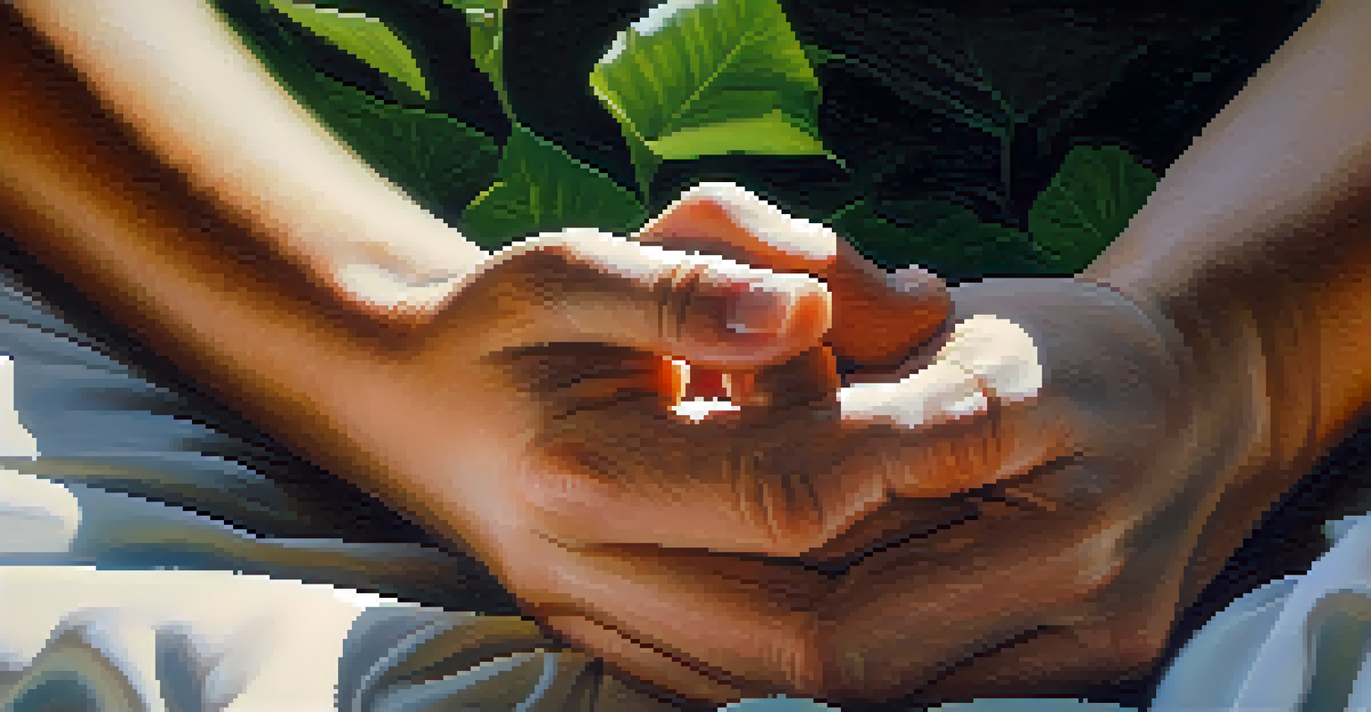 A close-up of hands in a meditative pose, illuminated by soft sunlight, set against a blurred natural background.