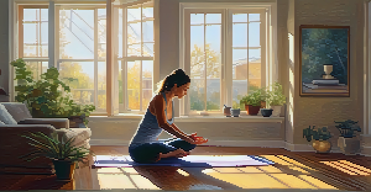 A bright living room with sunlight, a person practicing Downward Dog yoga surrounded by blankets and a cup of tea.