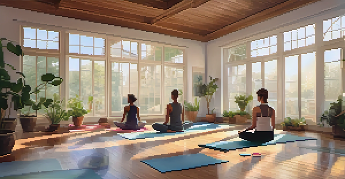 A peaceful yoga studio with people practicing Hatha yoga, surrounded by plants and soft morning light.