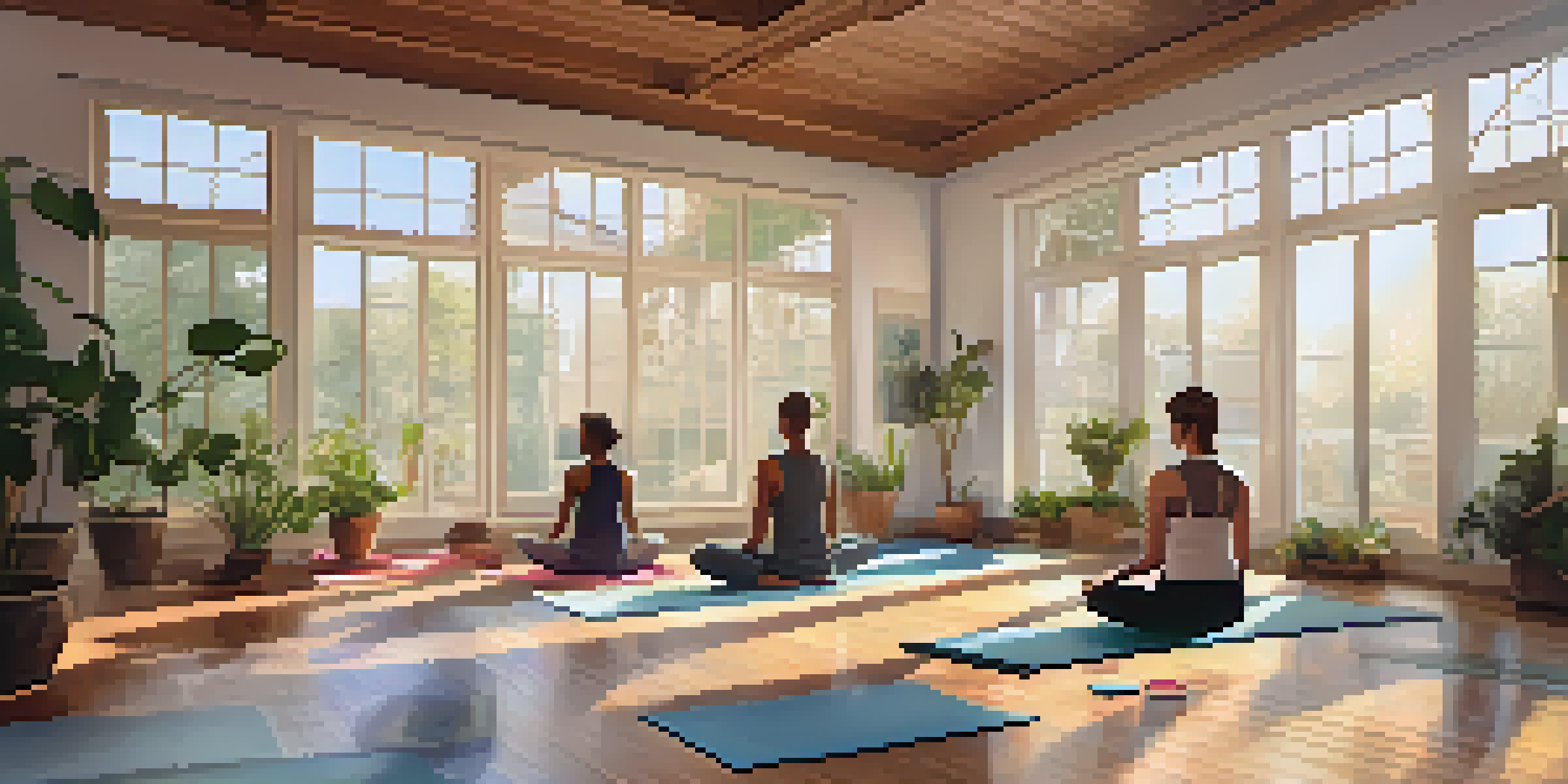 A peaceful yoga studio with people practicing Hatha yoga, surrounded by plants and soft morning light.