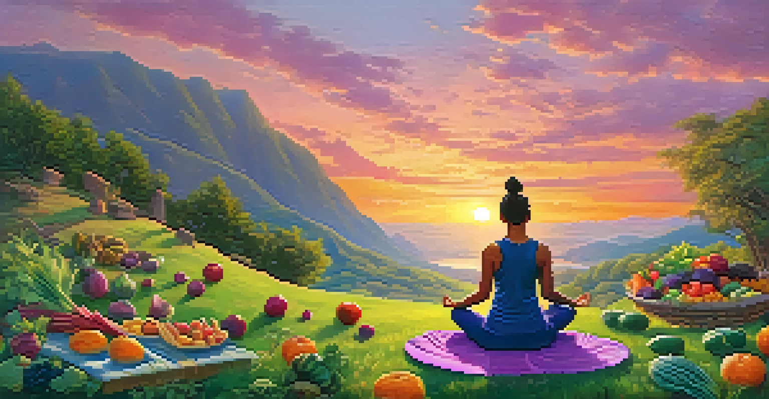 A person meditating on a hillside at sunset, surrounded by fresh fruits and vegetables.