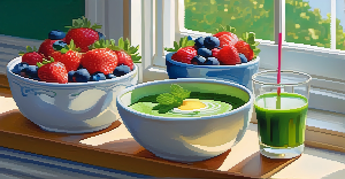 A breakfast table with a green smoothie bowl topped with fruits, yogurt, and herbs, illuminated by sunlight.