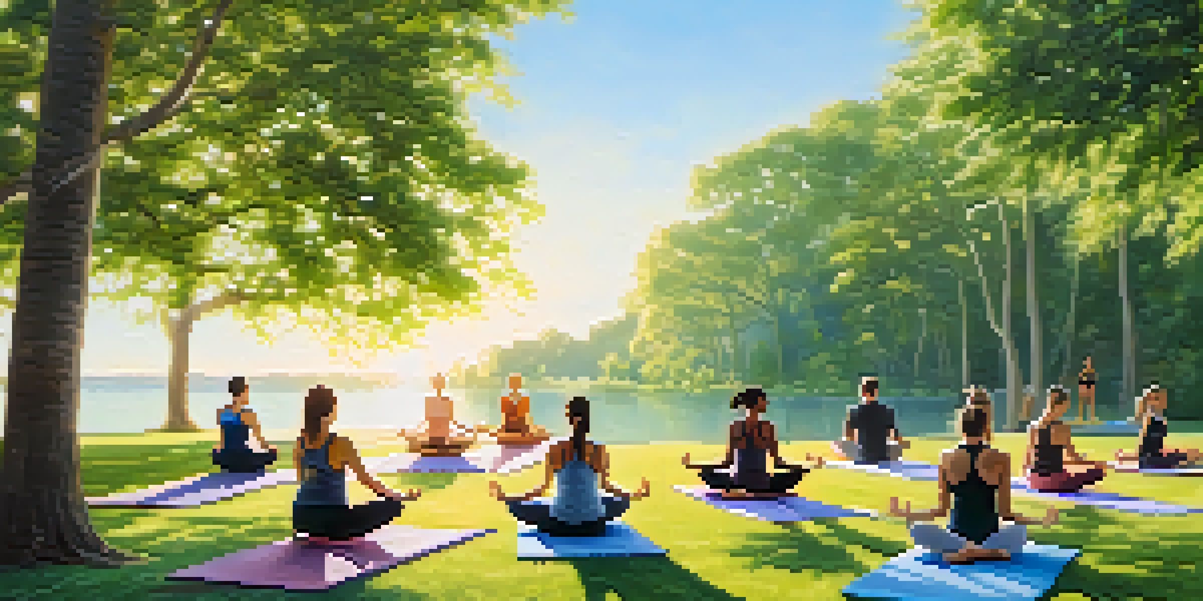 A group of diverse runners practicing yoga in a sunny park, with trees and a blue sky in the background.