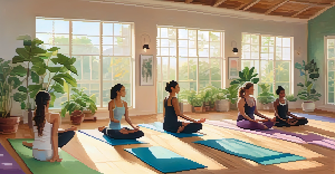 A tranquil yoga studio filled with natural light, where people of different backgrounds are practicing yoga poses surrounded by greenery.