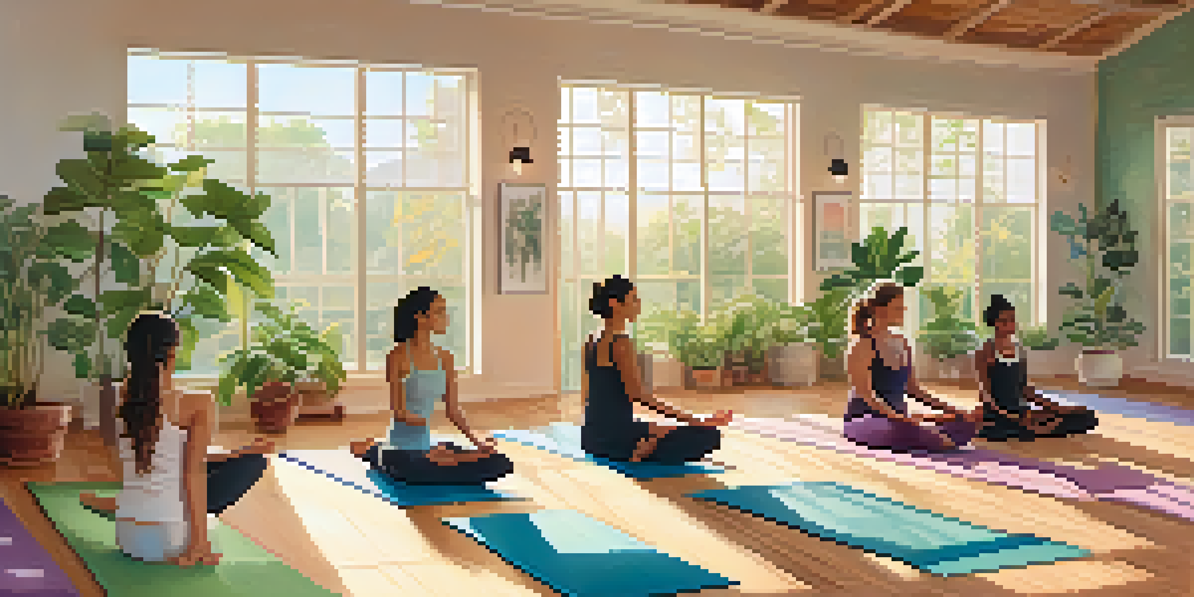 A tranquil yoga studio filled with natural light, where people of different backgrounds are practicing yoga poses surrounded by greenery.
