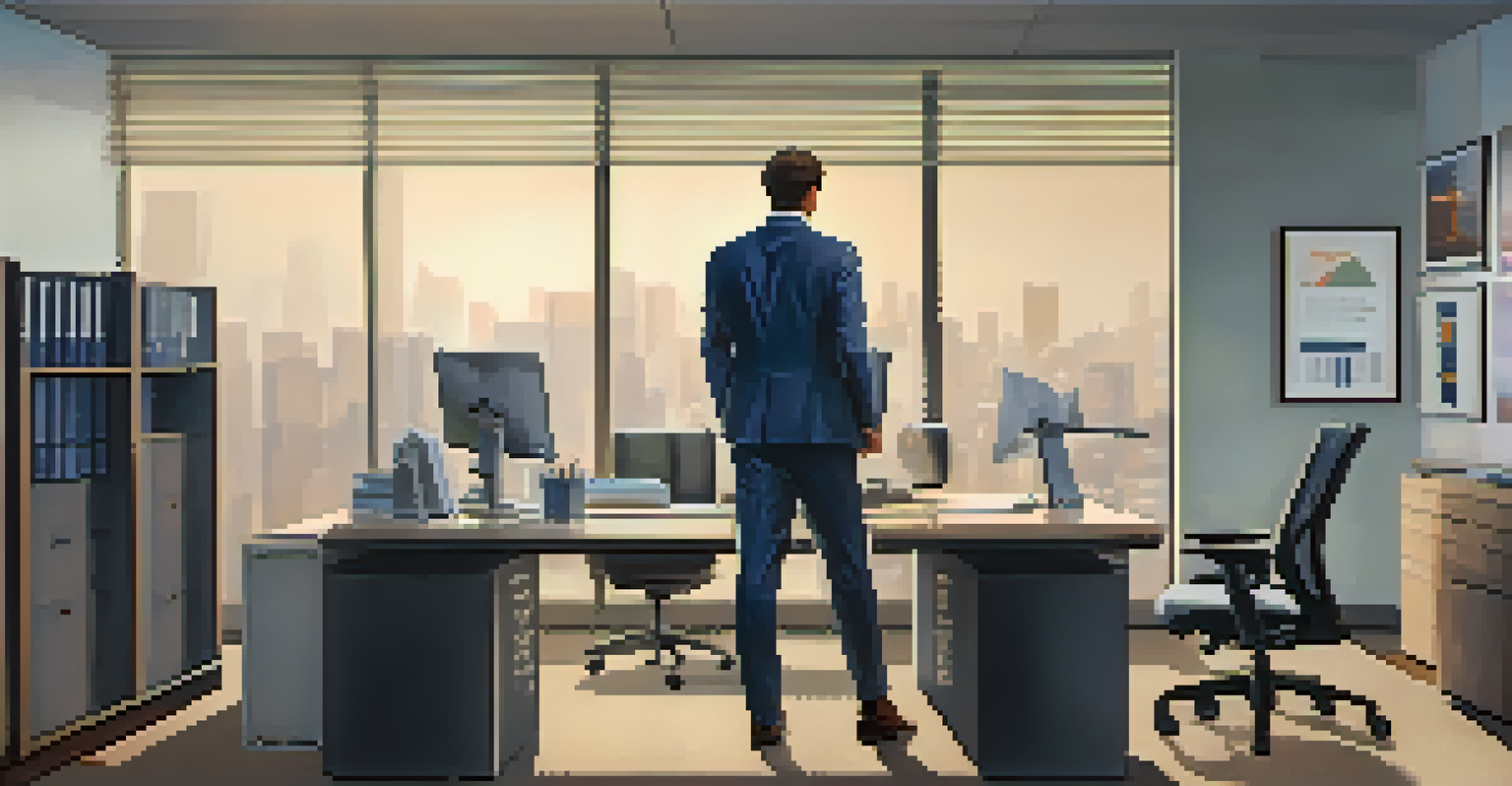 An office worker performing a Standing Quad Stretch beside their desk.
