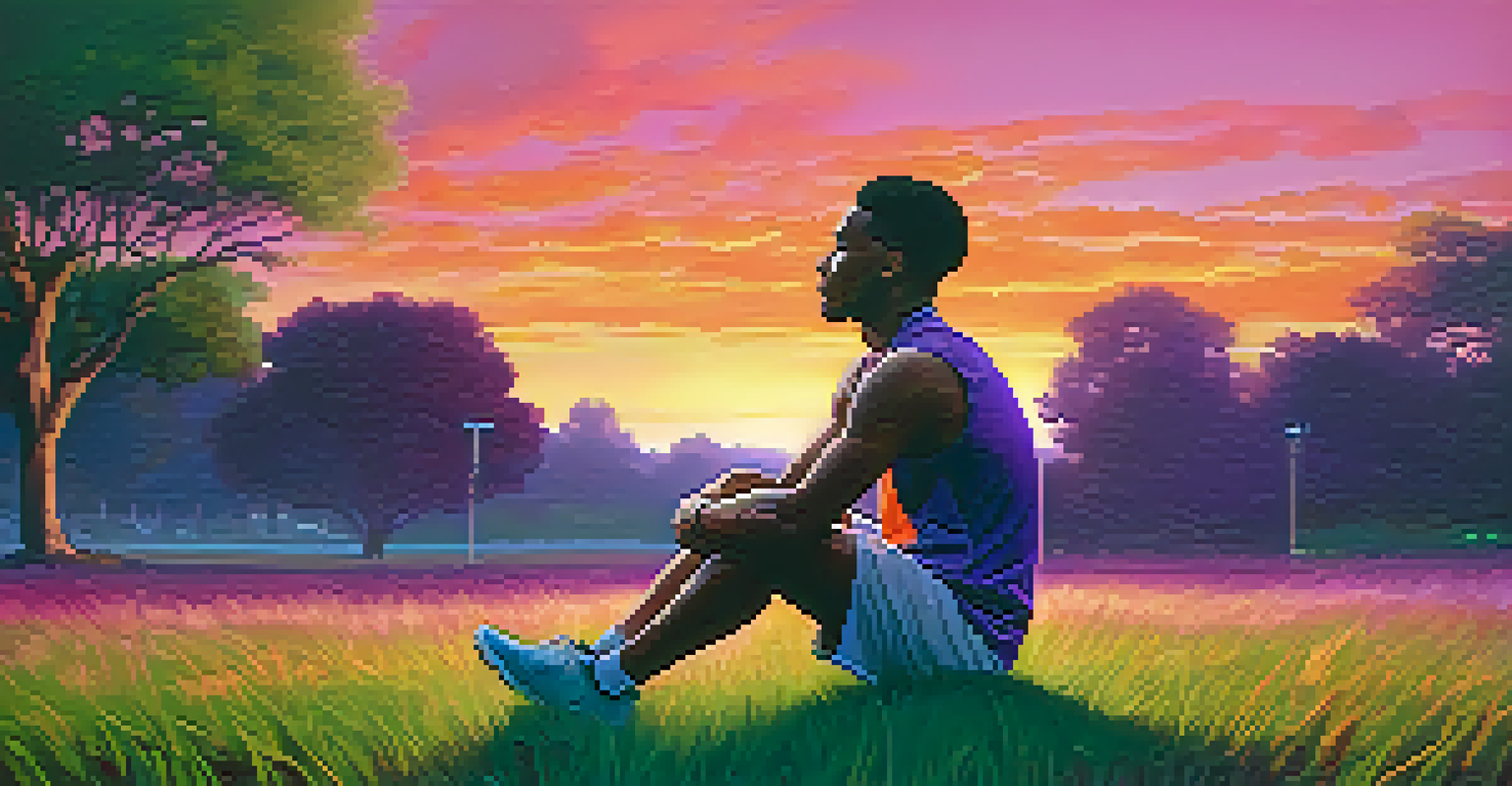 An athlete meditating on a grassy field during sunset, practicing deep breathing.