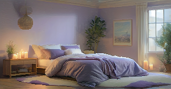 A person practicing yoga breathing techniques in a serene bedroom, surrounded by lavender plants and dimmed candles.
