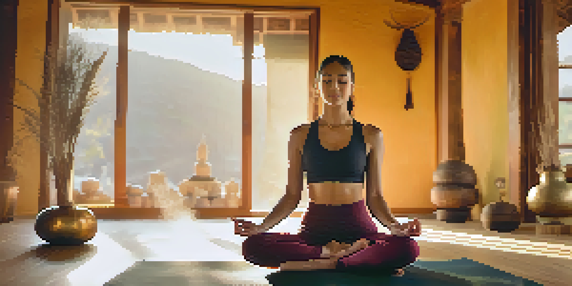 A tranquil yoga studio with a person practicing Warrior II pose, a singing bowl in the background, and warm golden light creating a calming ambiance.