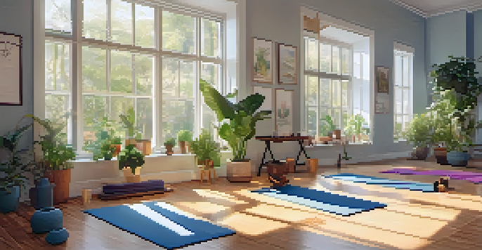 A group of diverse individuals practicing yoga in a bright, peaceful studio filled with plants and soft sunlight.