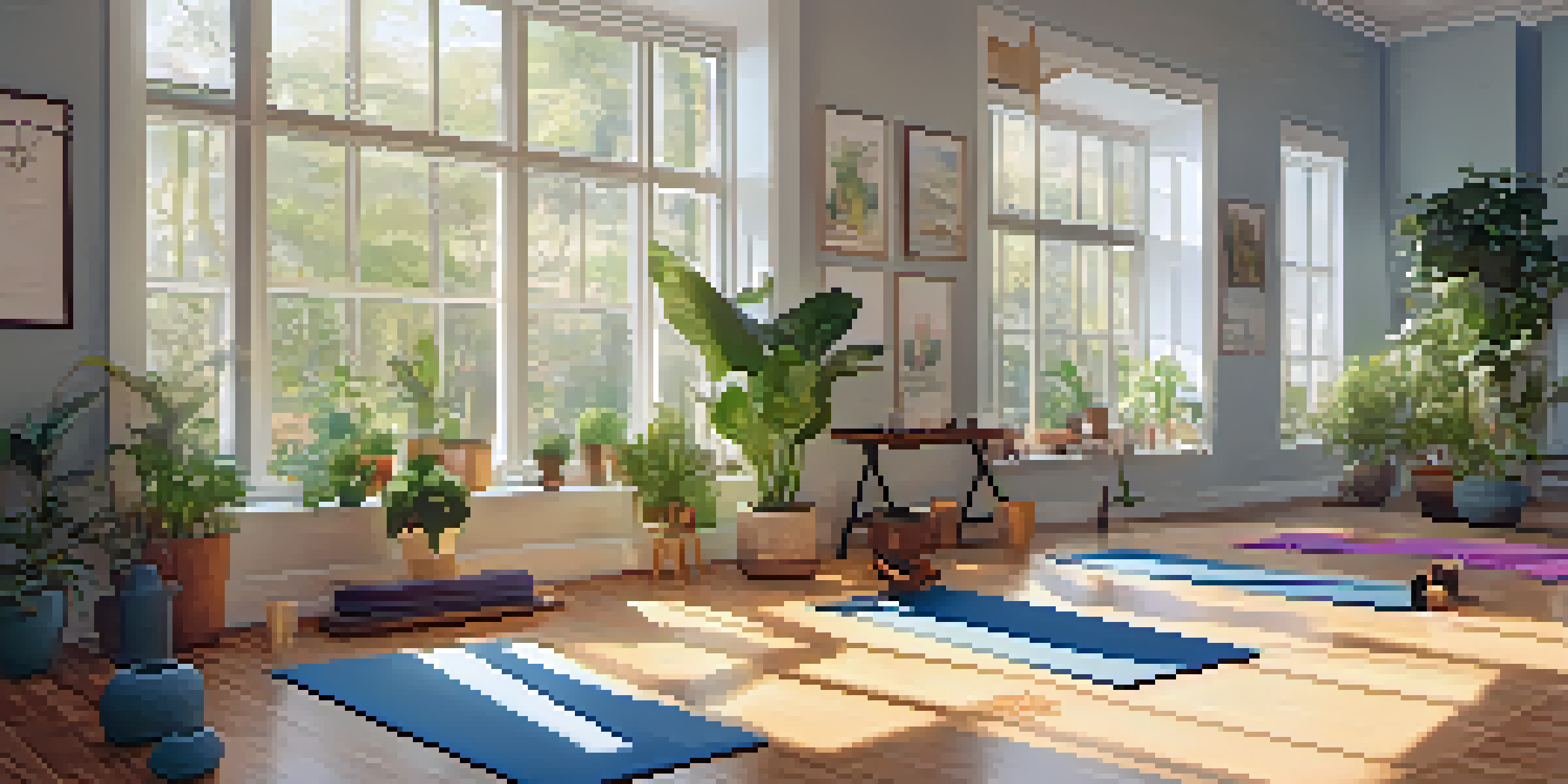 A group of diverse individuals practicing yoga in a bright, peaceful studio filled with plants and soft sunlight.