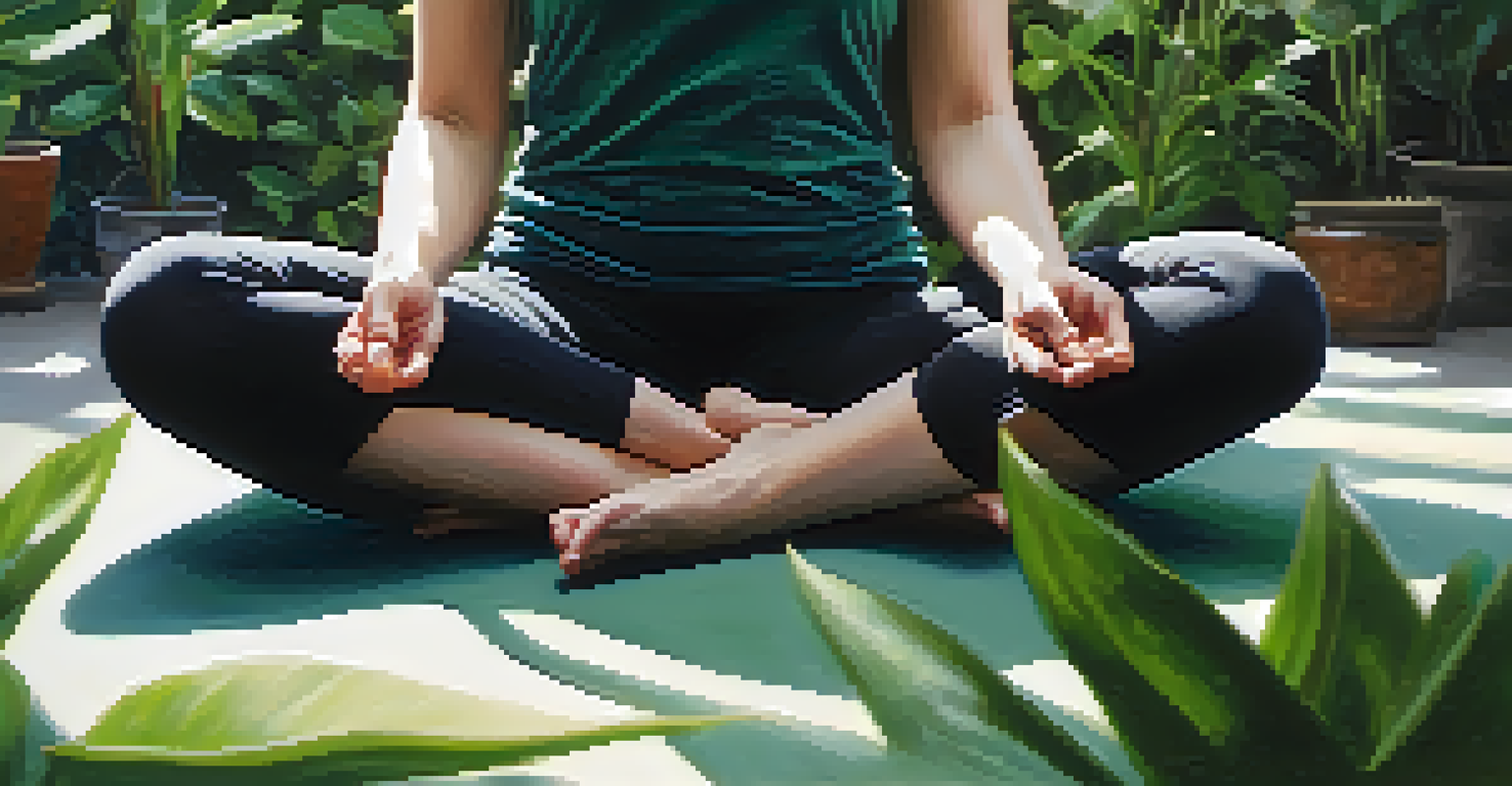 A person sitting cross-legged on a yoga mat, eyes closed, practicing mindful breathing with a calm demeanor.