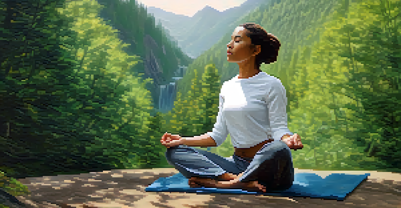 A close-up of a person practicing breathwork outdoors, sitting cross-legged with eyes closed in a natural setting.