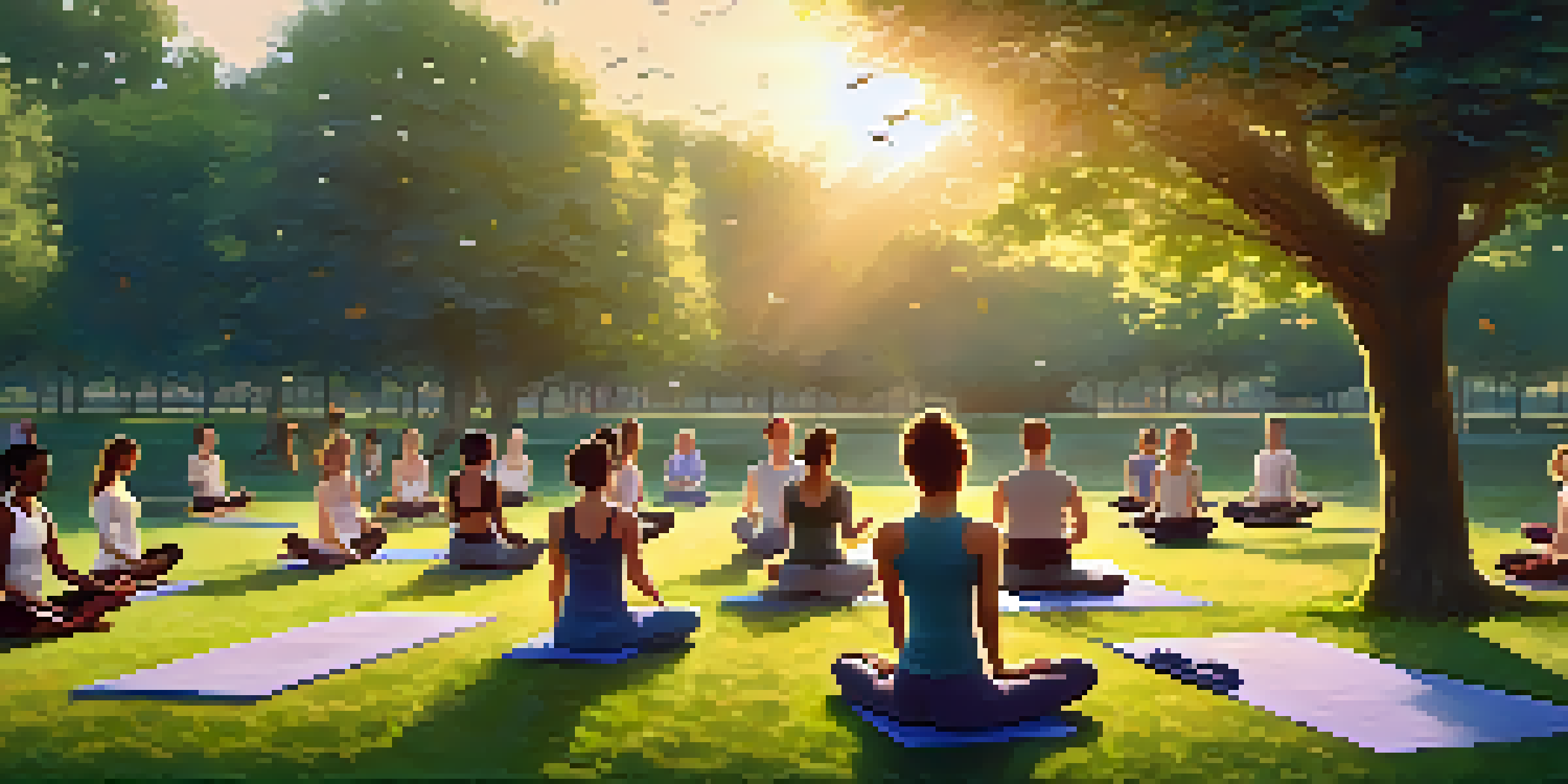 A group of individuals practicing yoga in a circle at sunrise in a park, with soft light and greenery surrounding them.
