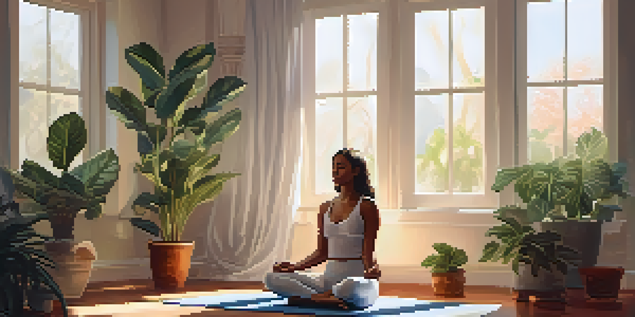 A person sitting cross-legged on a yoga mat, practicing diaphragmatic breathing in a serene indoor setting with sunlight filtering through curtains.