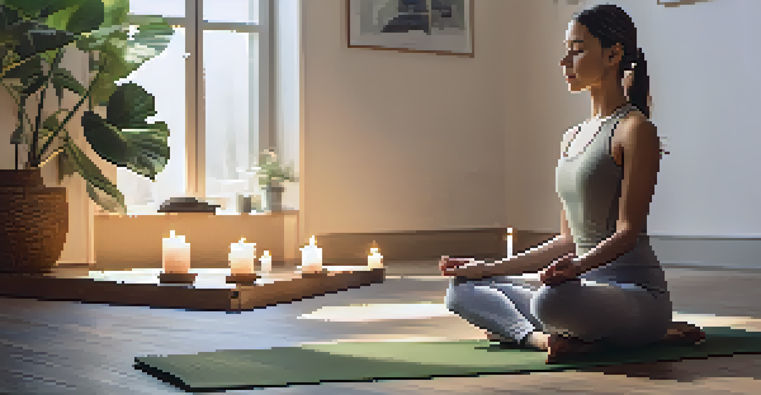 A parent meditating on a yoga mat, surrounded by candles and plants, emphasizing calmness and mindfulness.