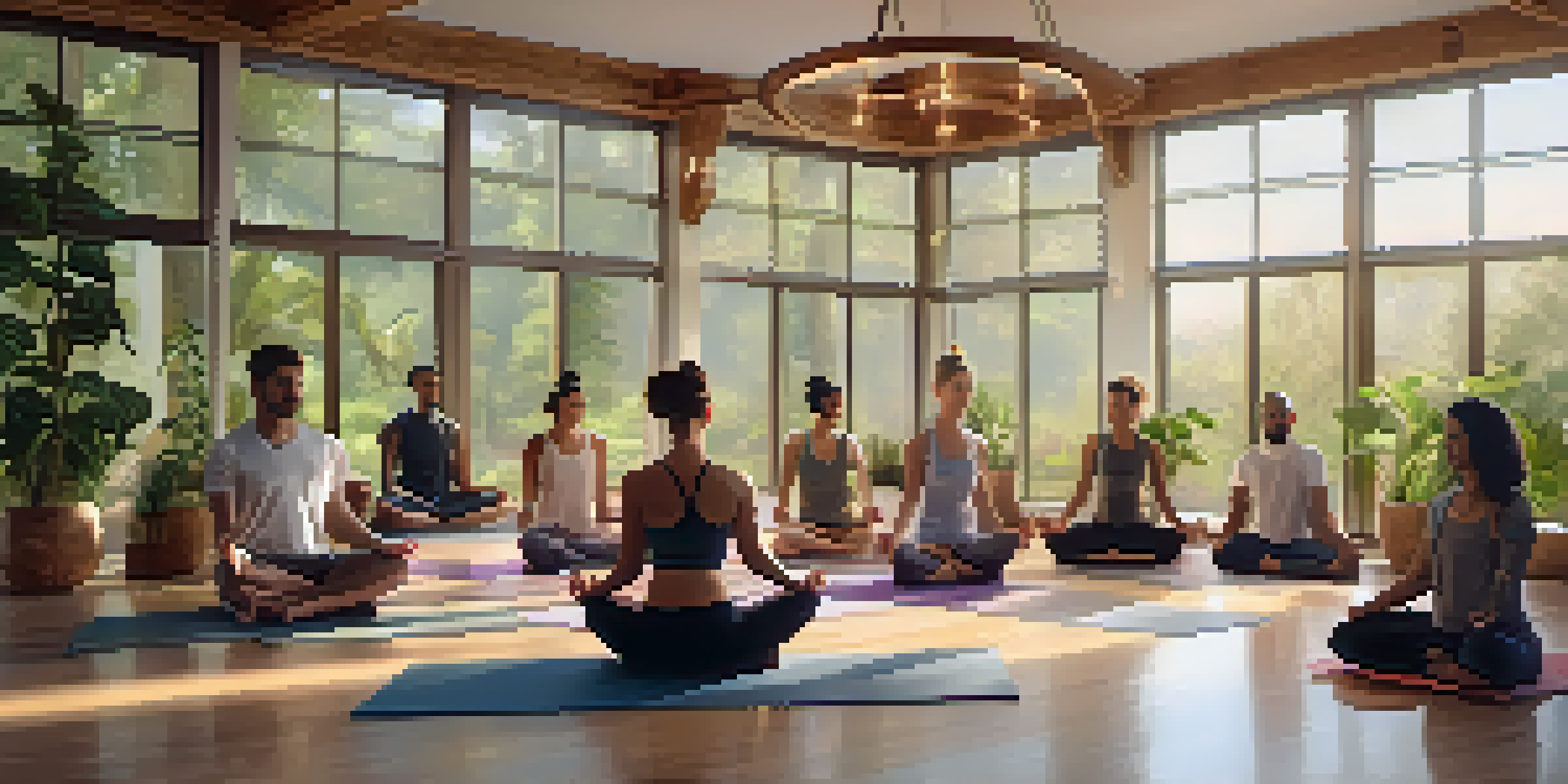 A diverse group of individuals practicing yoga in a serene studio, with soft lighting and calming decor, creating an atmosphere of mindfulness.