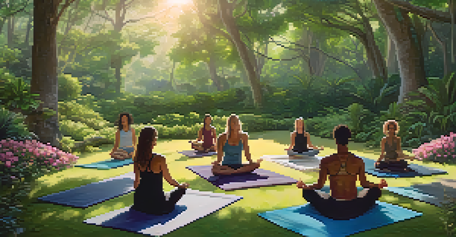 A group of people lying on yoga mats during a sound bath session outdoors, with a large gong in the background.