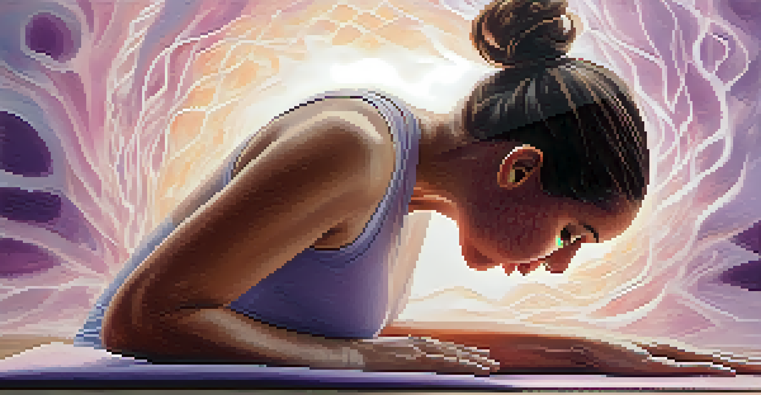 An illustration of a person practicing breath control in yoga with abstract calming colors.