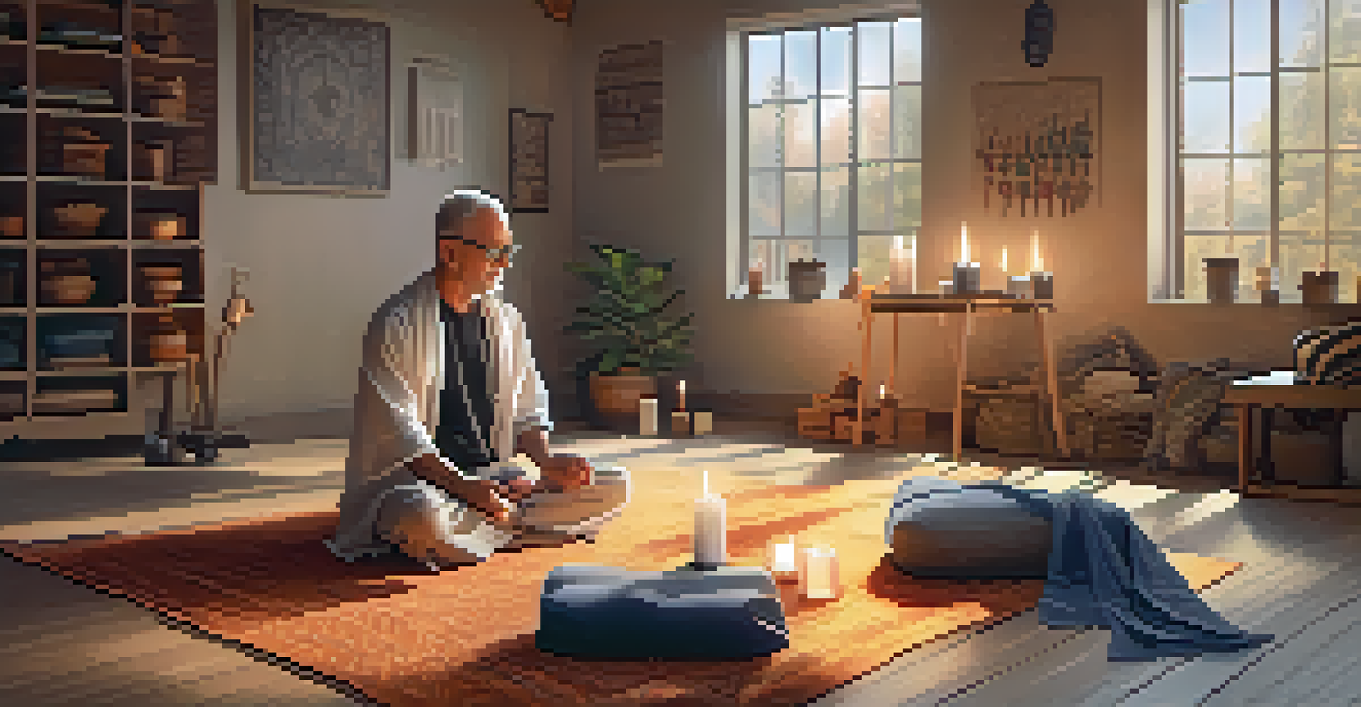 A senior man sitting on a blanket, using a strap for stretching in a calm yoga environment.
